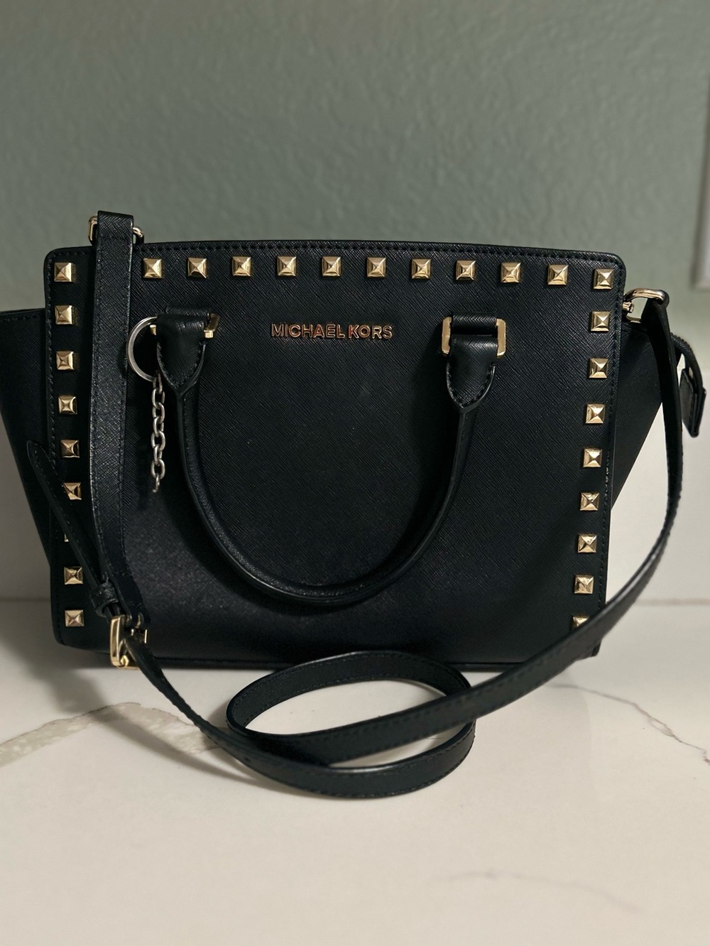 Michael Kors Selma Satchel Crossbody Black Saffiano Leather Gold Stud Details
